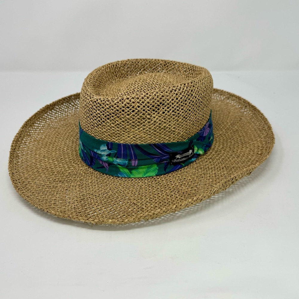 Vintage Panama Jack Gamber Straw‎ Hat-Green Floral Band-Medium